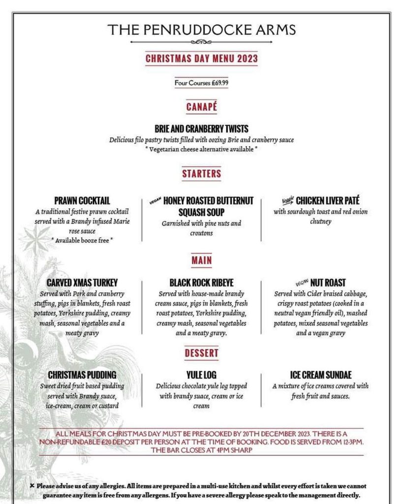 Christmas menu 2023 penruddocke arms carvery salisbury
